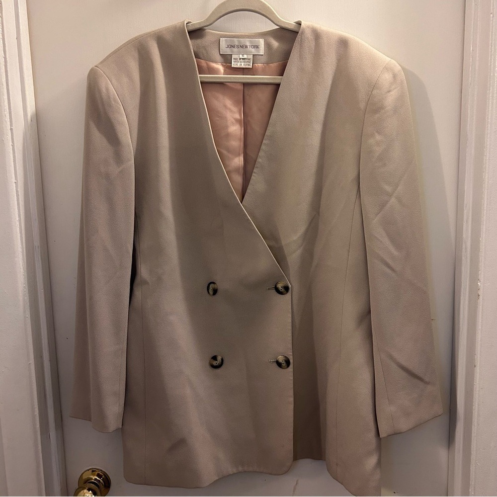 Jones New York Beige Double-Breasted Blazer Women's Size 16 Longline‎